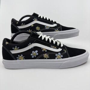 Vans Old Skool Mens 10.5 10 1/2 Shoe Black White Smiley Face Flowers Low Lace Up